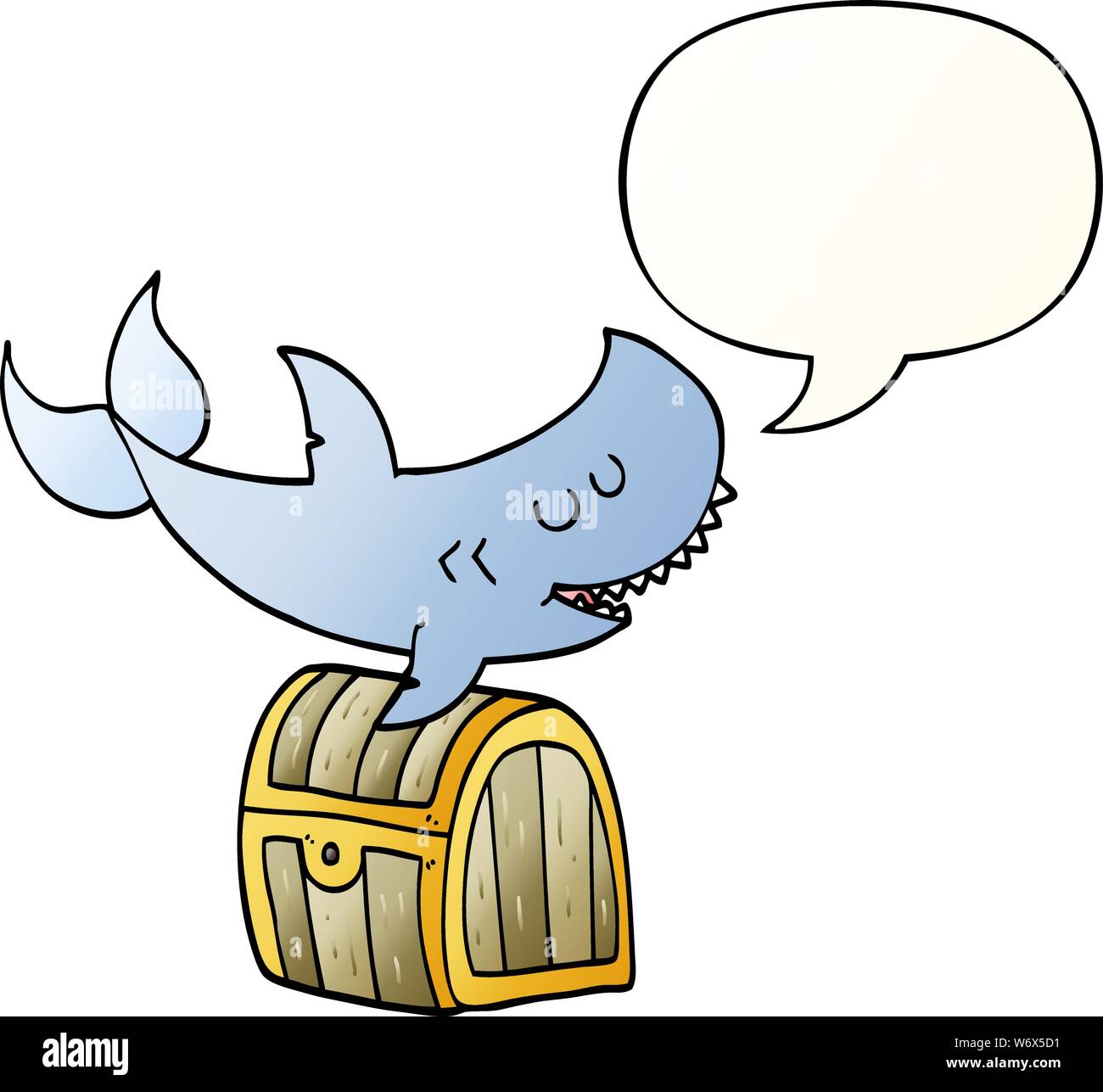 cartoon shark swimming over treasure chest with speech bubble in smooth gradient style Stock Vector