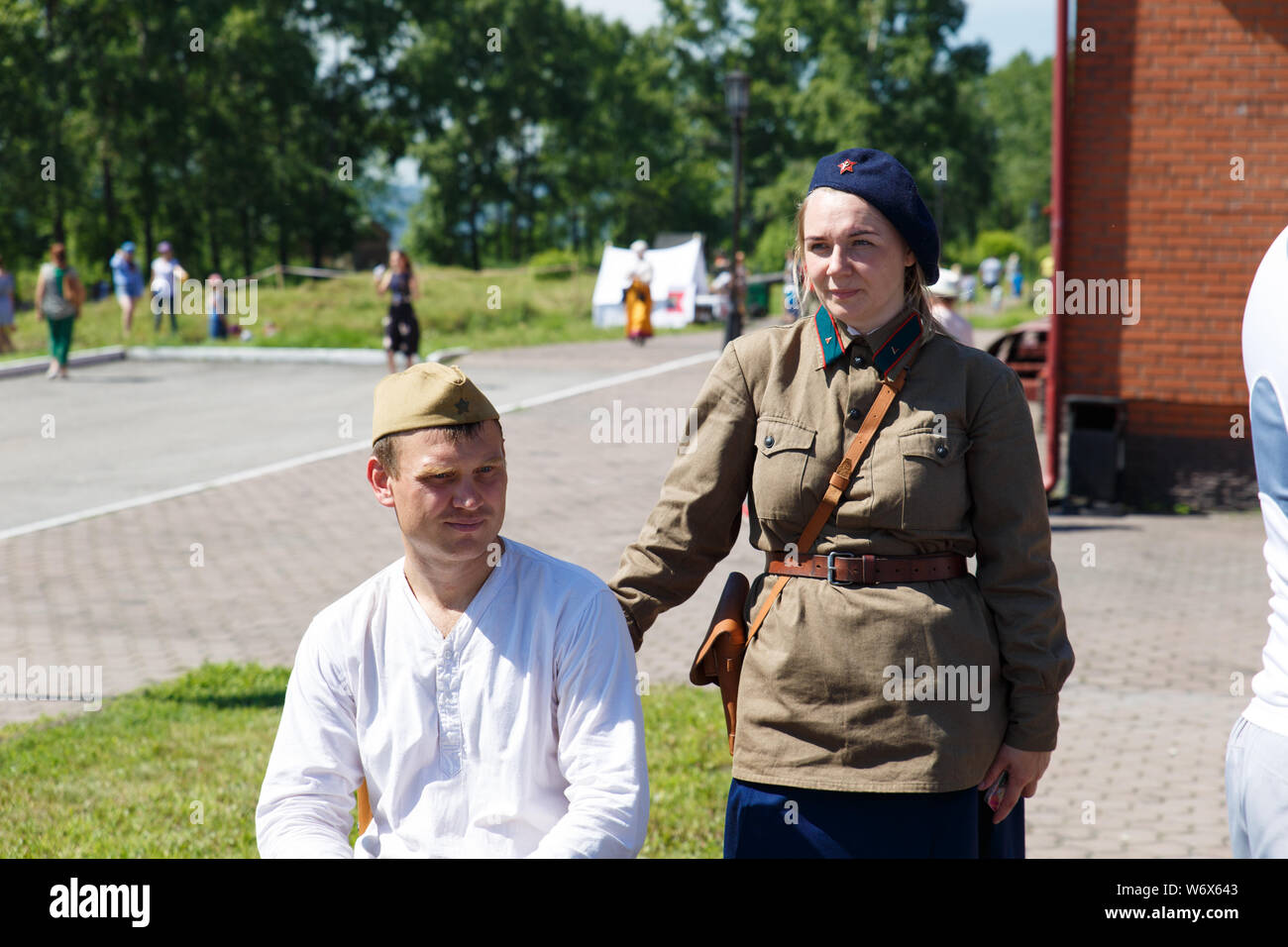 Novokuznetsk. Russia. 07.07.2019. Soldiers of the Russian and German army in the reconstruction of world war II. Stock Photo