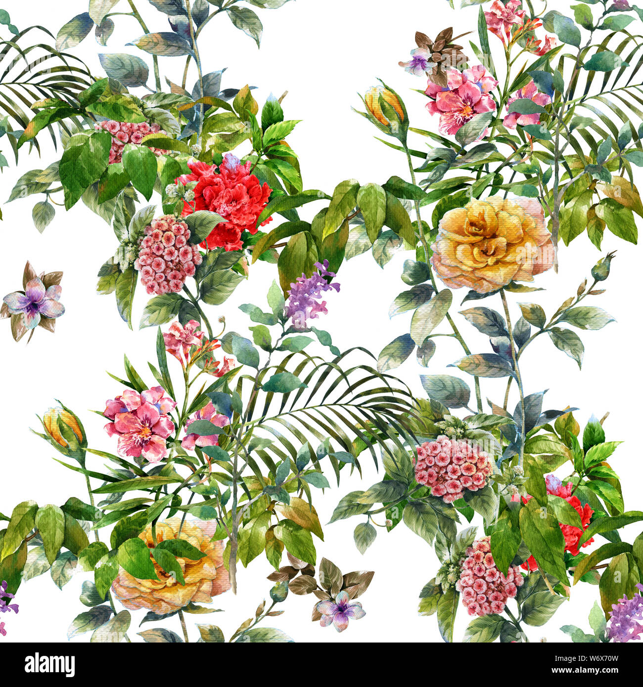 Watercolor painting of leaf and flowers, seamless pattern on white ...