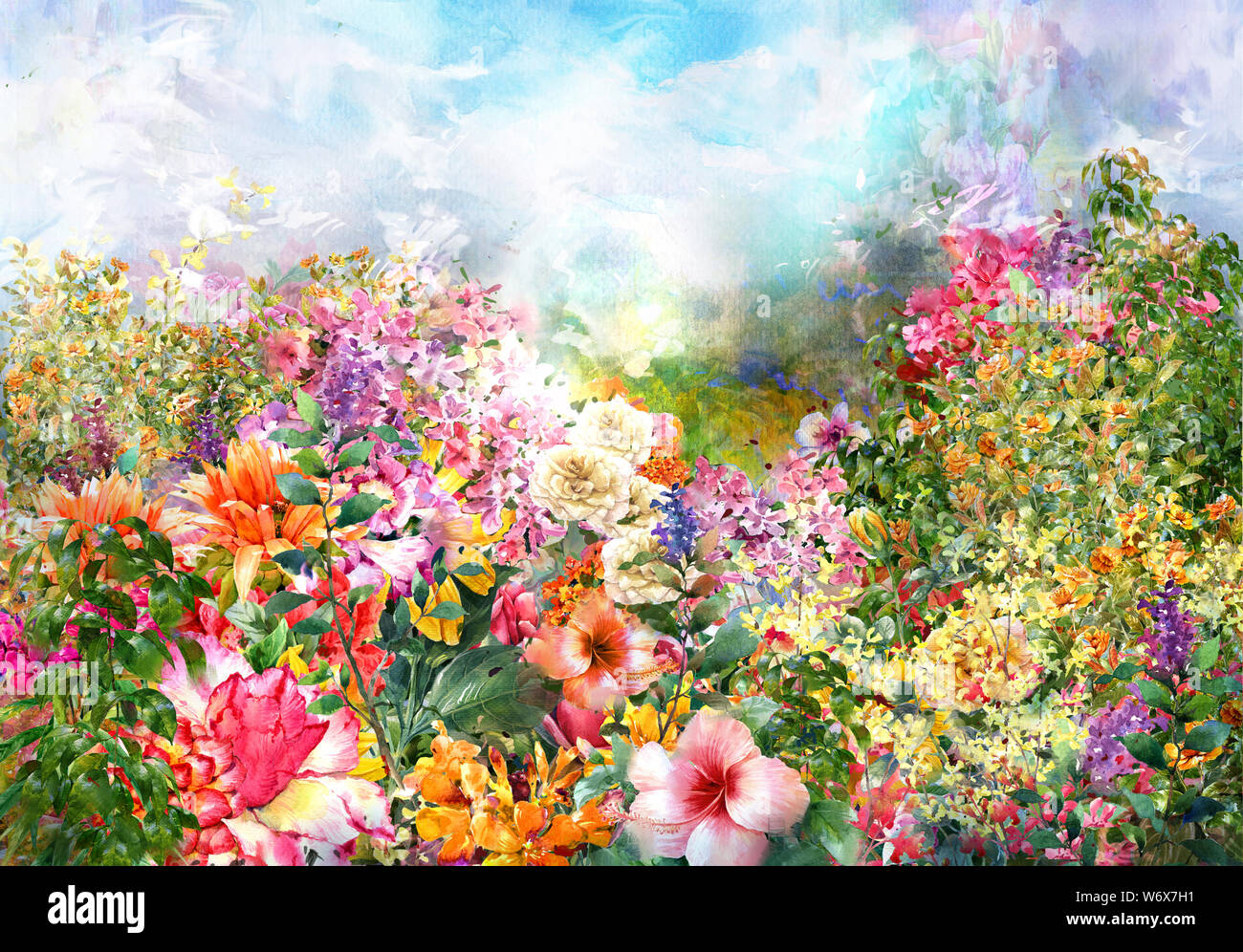 Abstract flowers watercolor painting. Spring multicolored flowers Stock