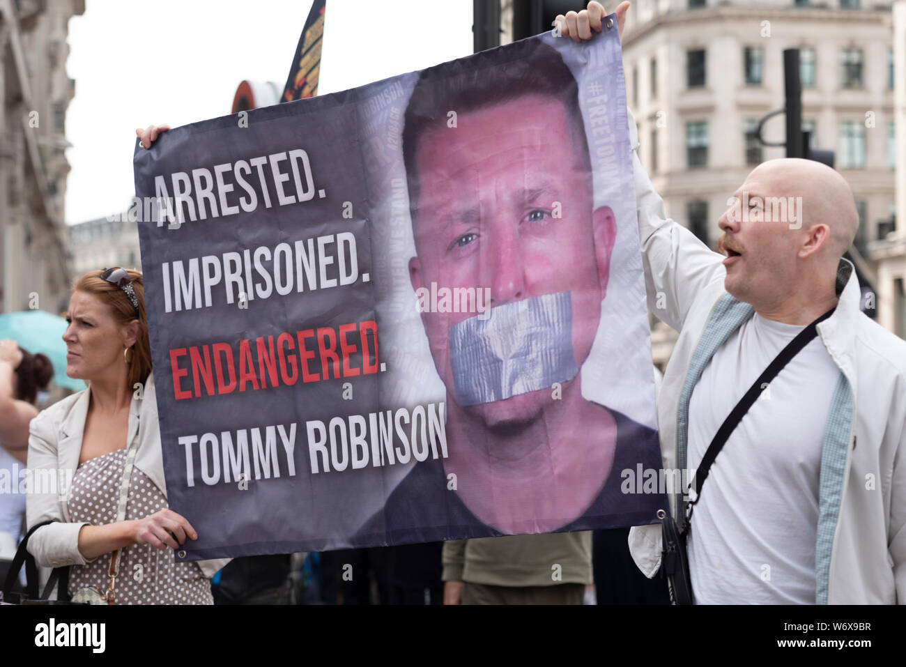 A rally is taking place in London protesting against the imprisonment of Stephen Yaxley-Lennon, who goes by the name of Tommy Robinson, and is serving a prison sentence in Belmarsh prison having been found guilty of contempt of court Stock Photo