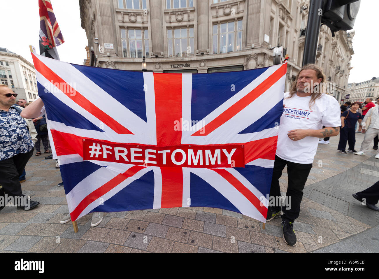 A rally is taking place in London protesting against the imprisonment of Stephen Yaxley-Lennon, who goes by the name of Tommy Robinson, and is serving a prison sentence in Belmarsh prison having been found guilty of contempt of court Stock Photo