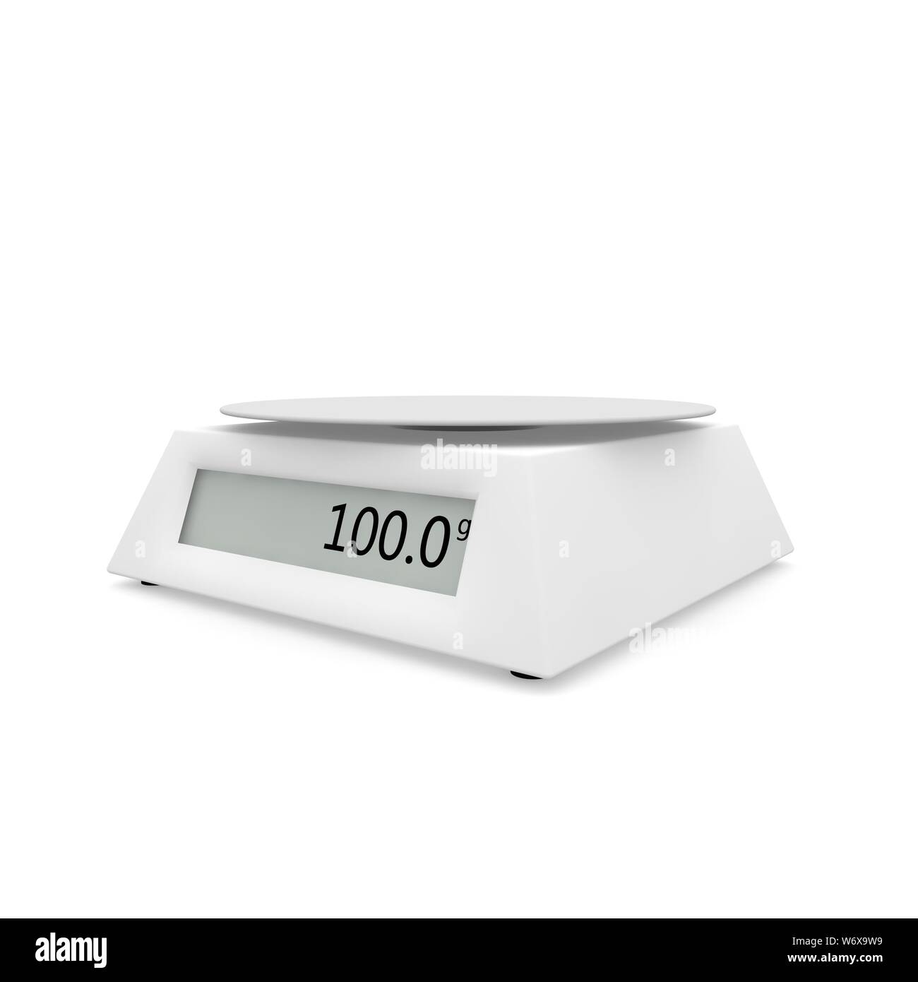 Electronic scales show 100 grams, on a white isolated background. There