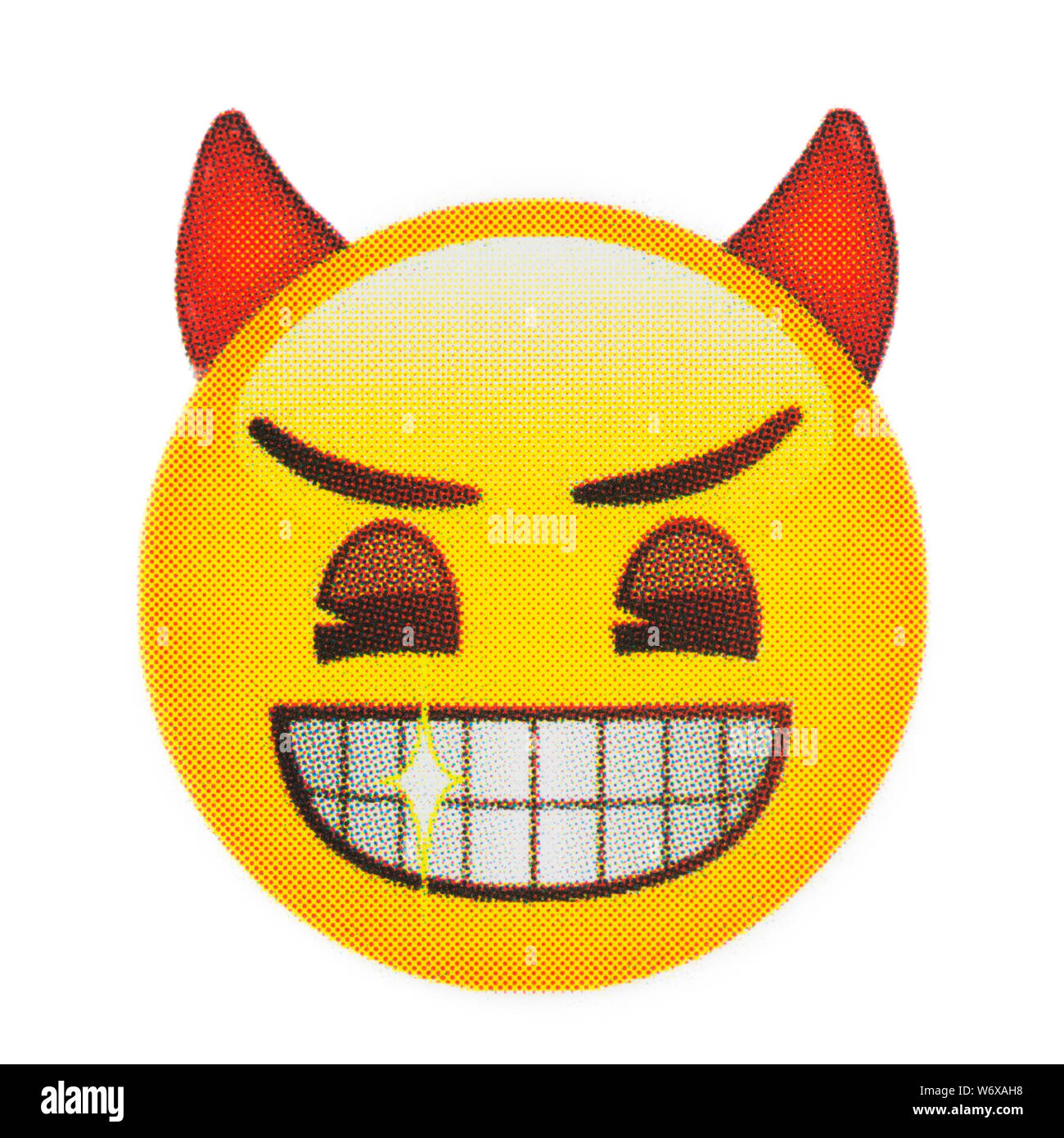 Grinning devil face with smiling eyes emoticon Stock Photo