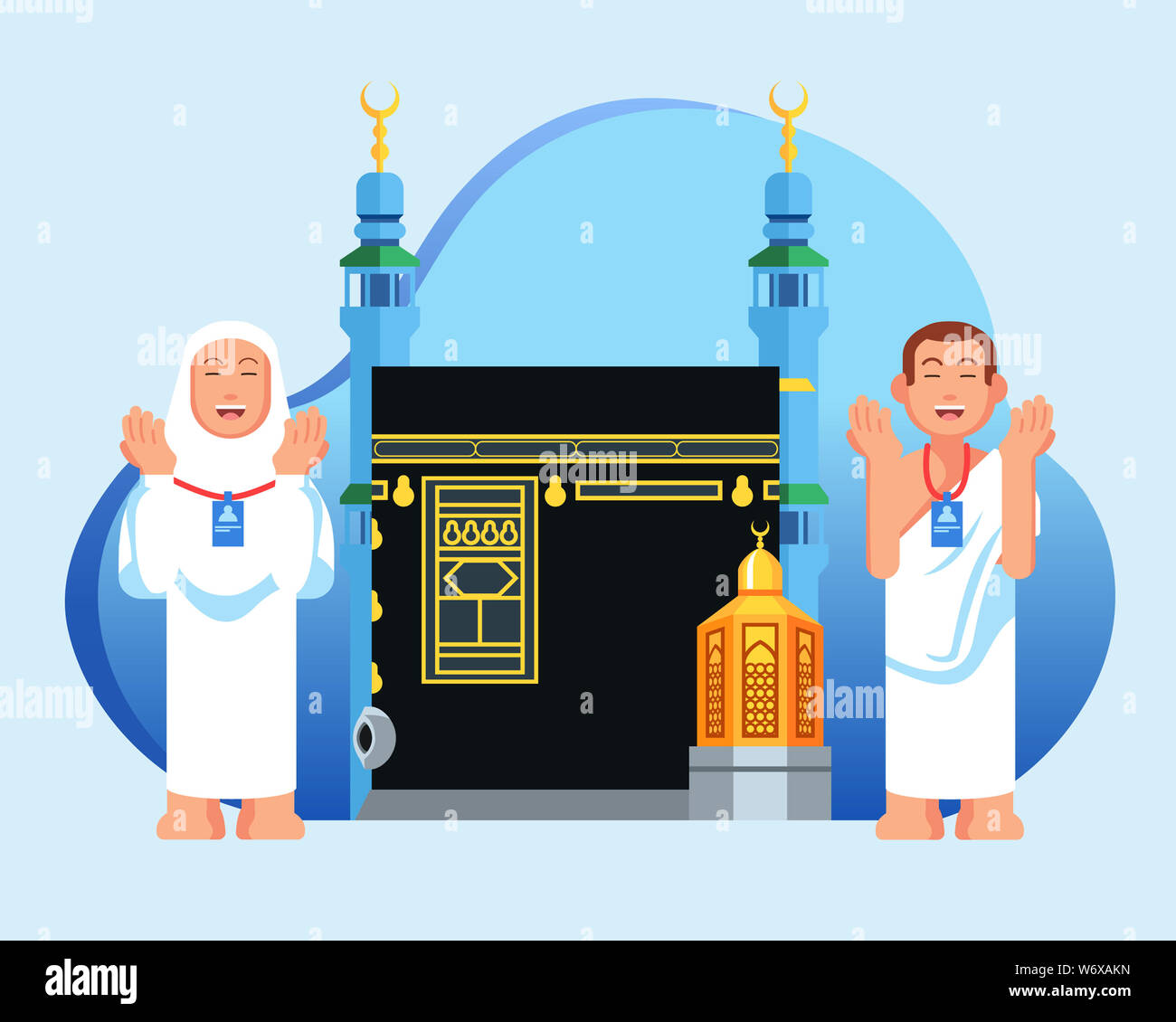 Cute couple  muslim pilgrims in front of  Kaaba and maqam Ibrahim. Suitable for info graphic. Stock Photo