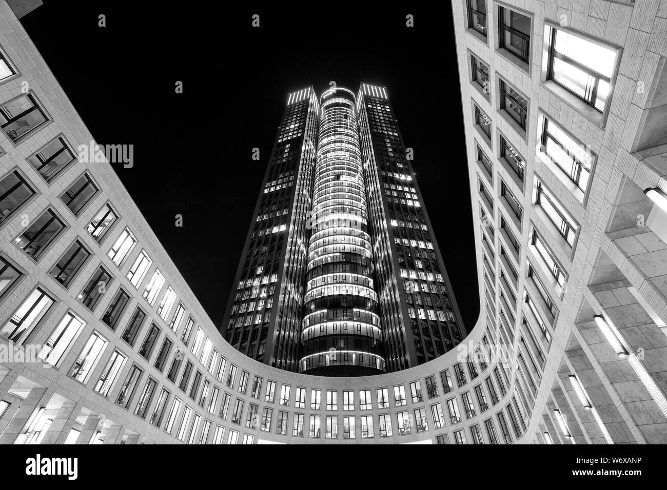 Night black and white photograph of Tower 185 in Frankfurt, Germany Stock Photo