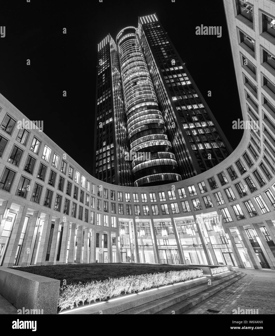 Night black and white photograph of Tower 185 in Frankfurt, Germany Stock Photo