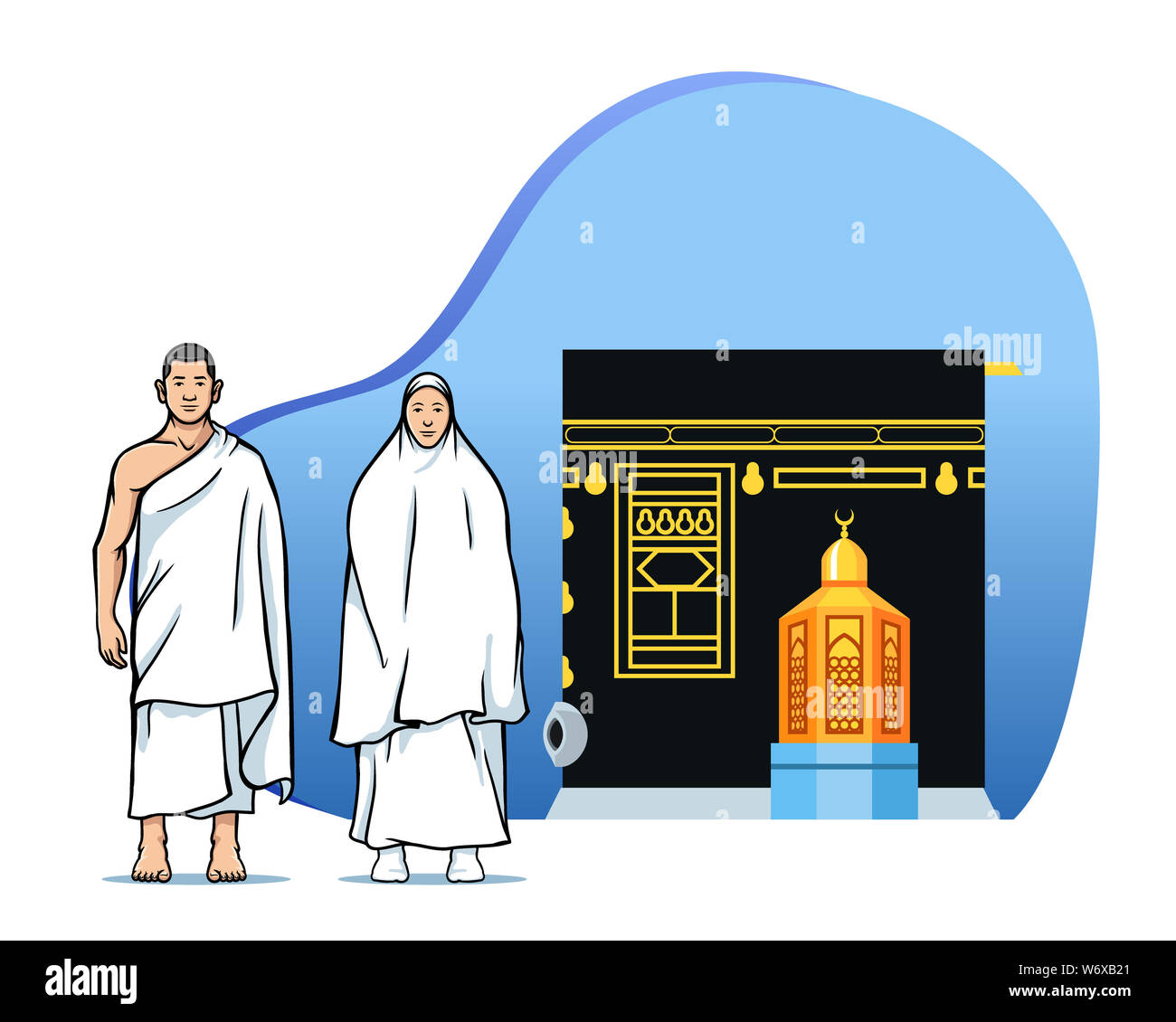 Male and female  muslim pilgrims in front of  Kaaba and maqam Ibrahim. Suitable for info graphic. Stock Photo