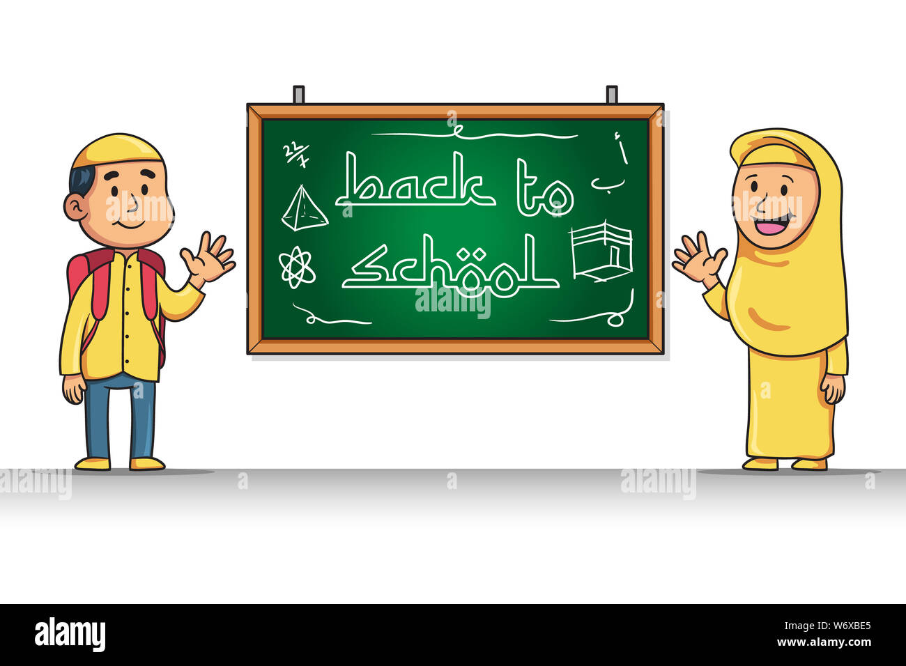 Back To School Illustration Theme For Moslem Kids Greeting Text On Chalk Board Using Arabic Look Font Stock Photo Alamy