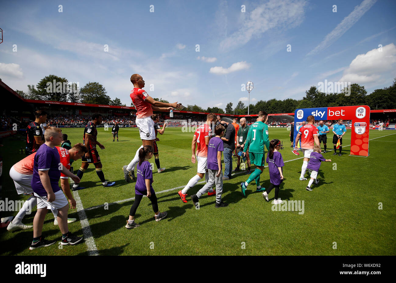 Salford City walk out for the Sky Bet League Two match against Stevenage at the Peninsula Stadium, Salford. Stock Photo