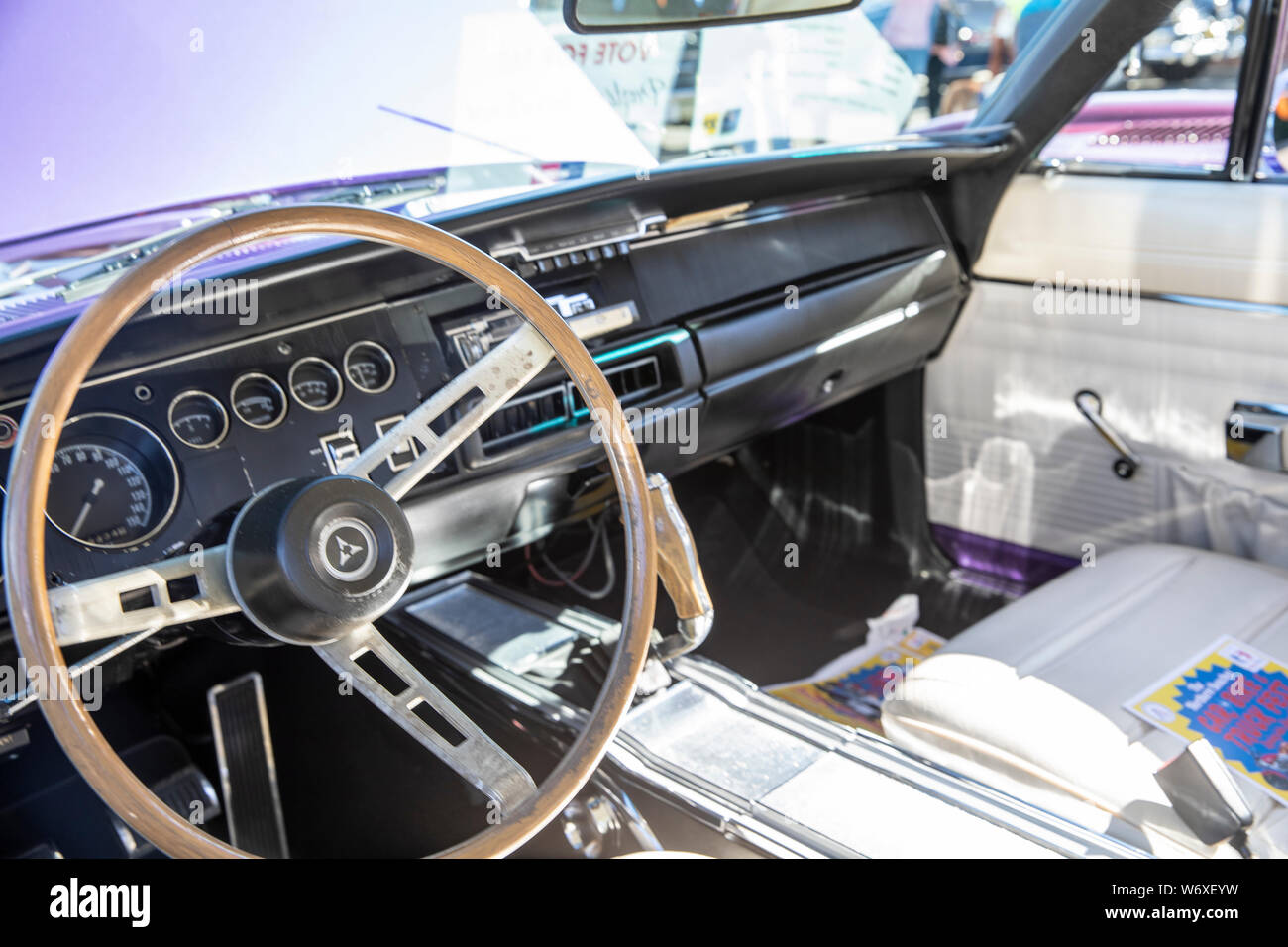 Interior and steering wheel of Dodge Charger classic muscle car Stock Photo