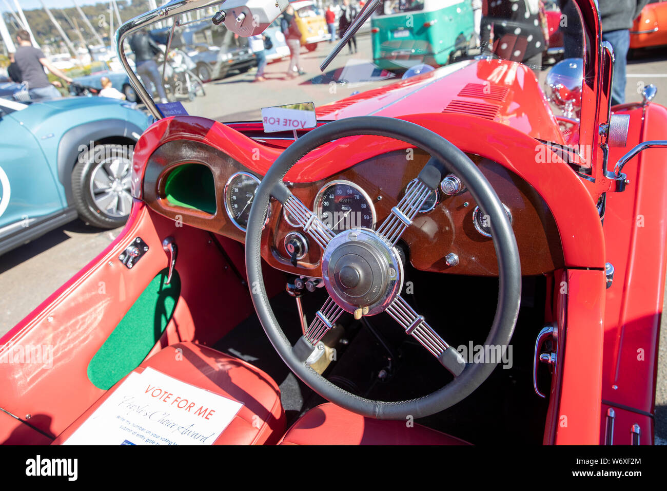 Interior and dashboard Singer 1935 le mans classic motor car In red,Sydney,Australia Stock Photo