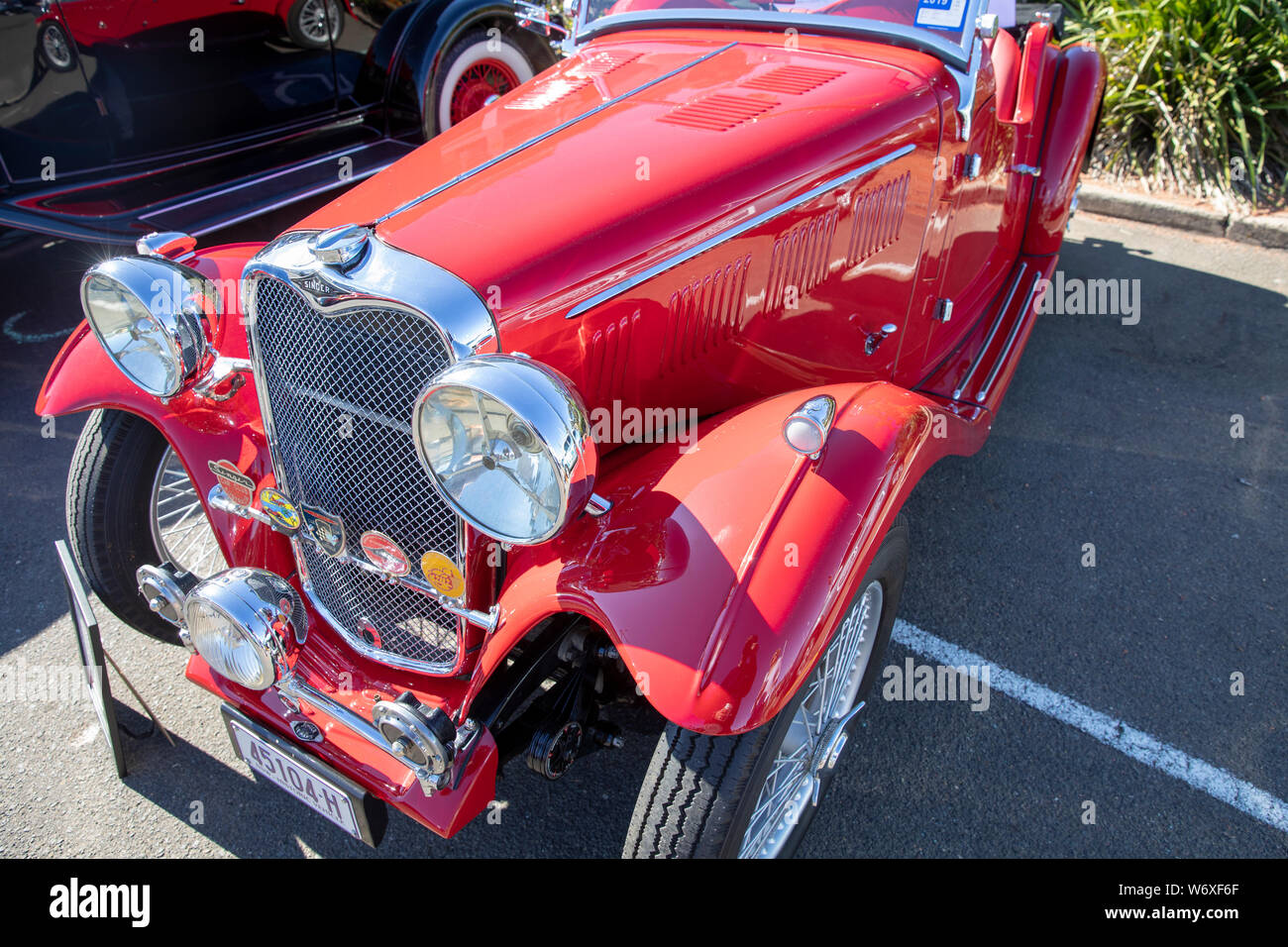 Interior and dashboard Singer 1935 le mans classic motor car In red,Sydney,Australia Stock Photo