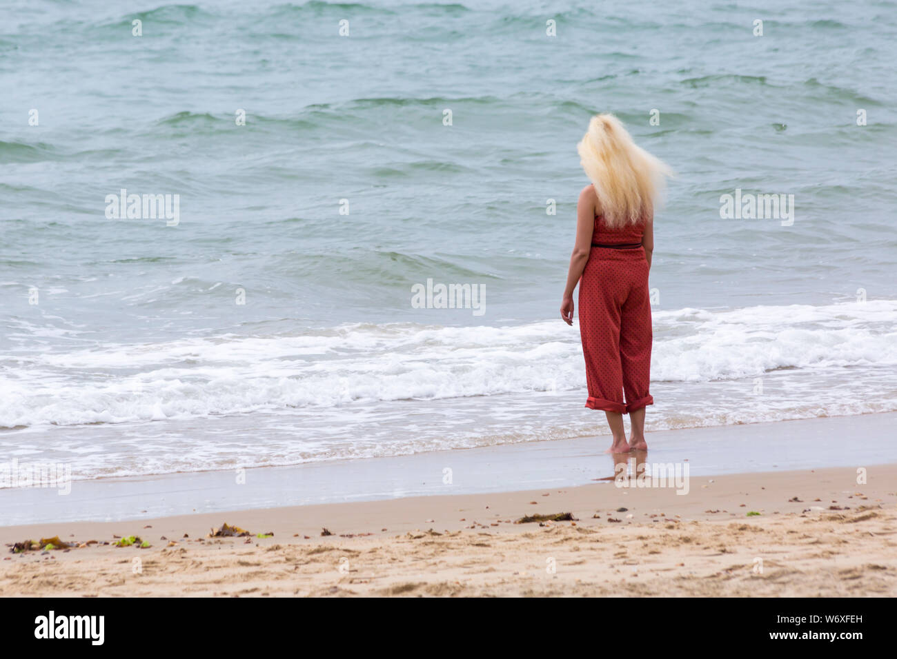 Bournemouth, Dorset UK. 3rd Aug 2019. UK weather: overcast and cloudy, but warm and muggy. Beach goers head to the beaches at Bournemouth to enjoy the warm weather. Woman standing on seashore paddling in the sea - back view rear view. Credit: Carolyn Jenkins/Alamy Live News Stock Photo