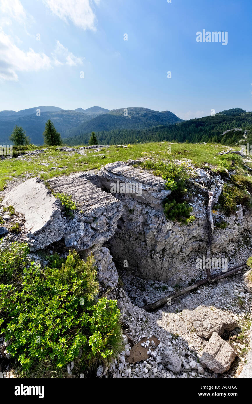 The Italian stronghold of the Great War at Mount Lozze. Today it is part of the monumental area of mount Ortigara. Asiago plateau, Italy. Stock Photo