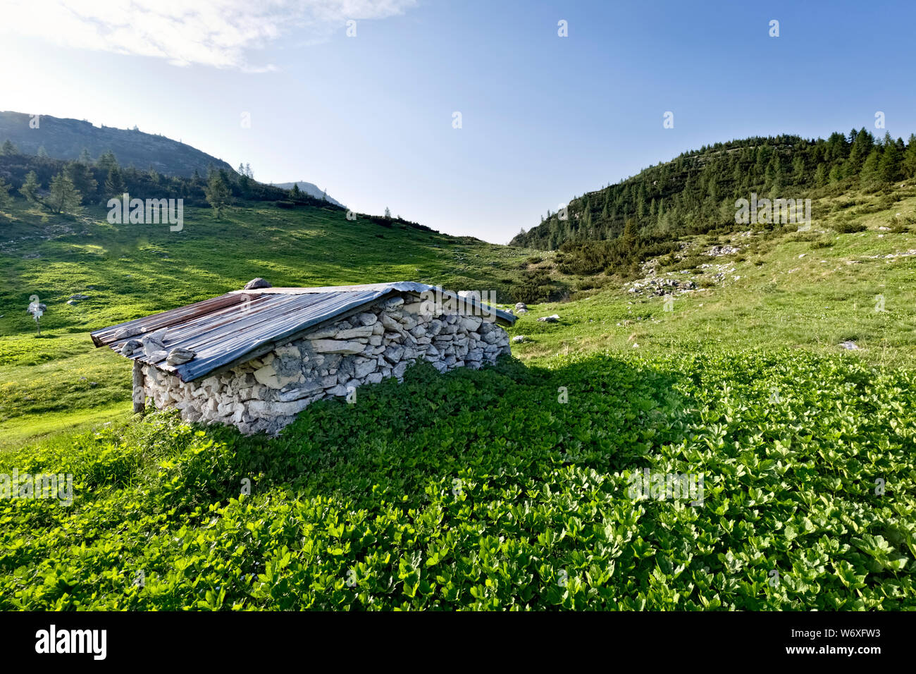 The 'Ortigara hut' and the Agnelizza valley: one of the bloodiest battlefields of the Great War on the Italian front. Asiago, Italy. Stock Photo