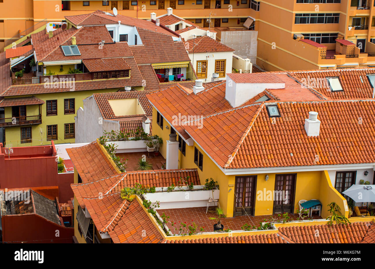 View overlooking the rooftops of the Spanish resort of Puerto De La Cruz on the Canary island of Tenerife. Stock Photo