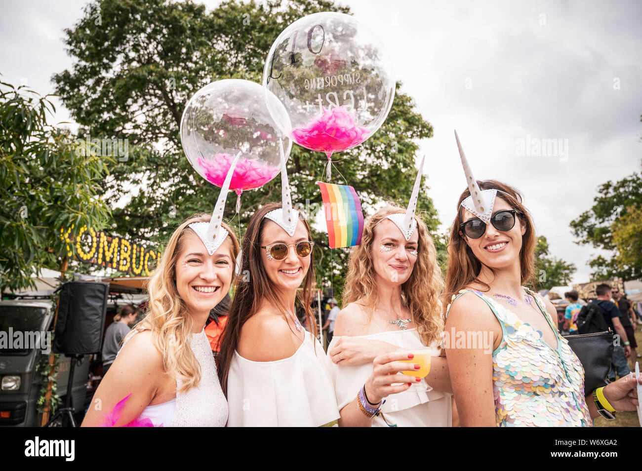 Cornbury Park, Oxfordshire, UK. Saturday 3rd August 2019. Wilderness Festival, Oxfordshire, UK.  Revellers dressed up as Wilderness gets into full swing. Now in its 9th year, the festival is a celebration of art, music, fashion and culture on Cornbury Estate near Chipping Norton. Picture: Andrew Walmsley/Alamy Live News Stock Photo