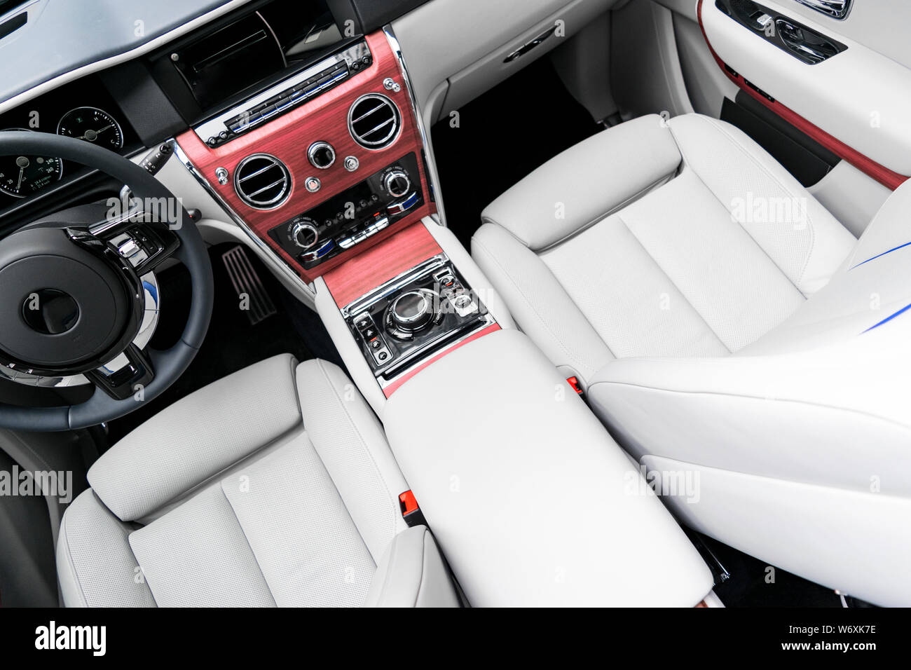 White Leather Interior Of The Luxury Modern Car Perforated White Leather Comfortable Seats With Stitching Isolated On Black Background Modern Car In Stock Photo Alamy