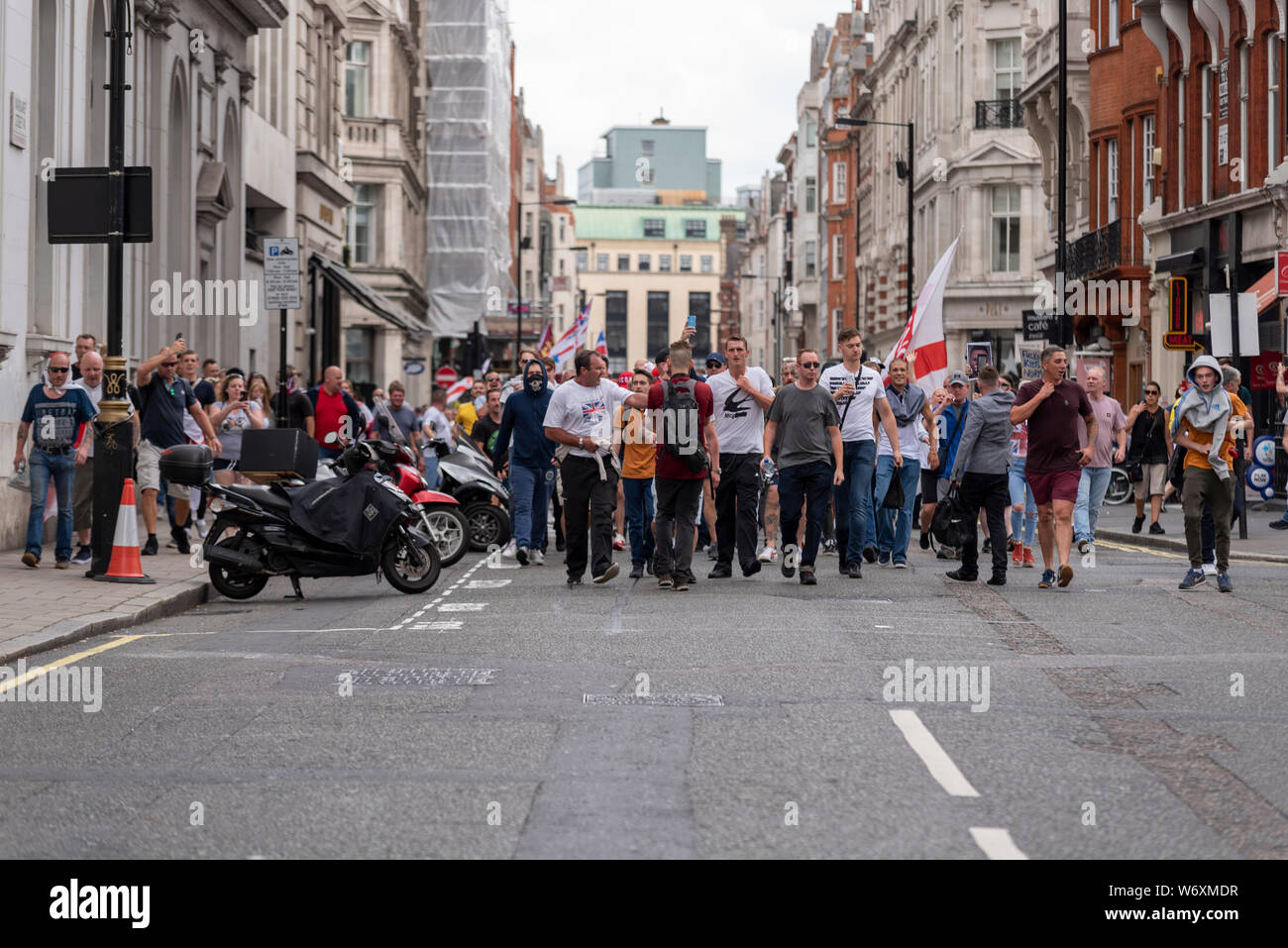 A rally is taking place in London protesting against the imprisonment of Stephen Yaxley-Lennon, who goes by the name of Tommy Robinson, and is serving a prison sentence in Belmarsh prison having been found guilty of contempt of court Stock Photo