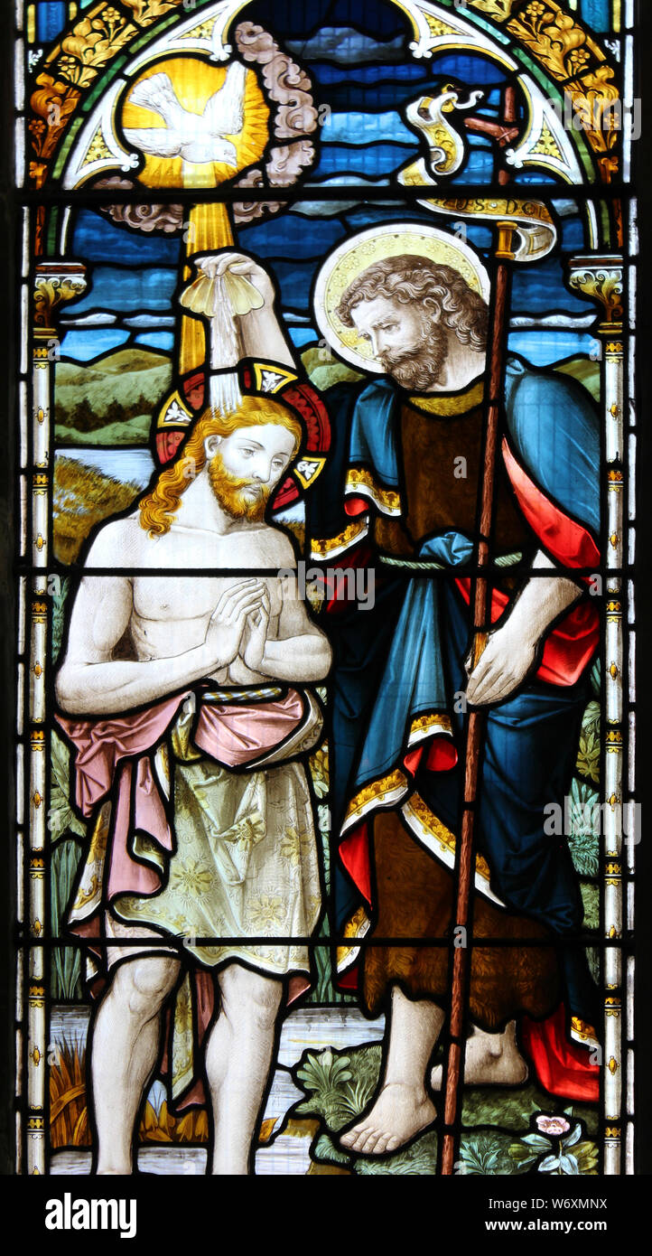 Detail on the Bapistry Window - 'Baptism Of Jesus' Stained Glass In Holy Trinity Church, Llandudno Stock Photo