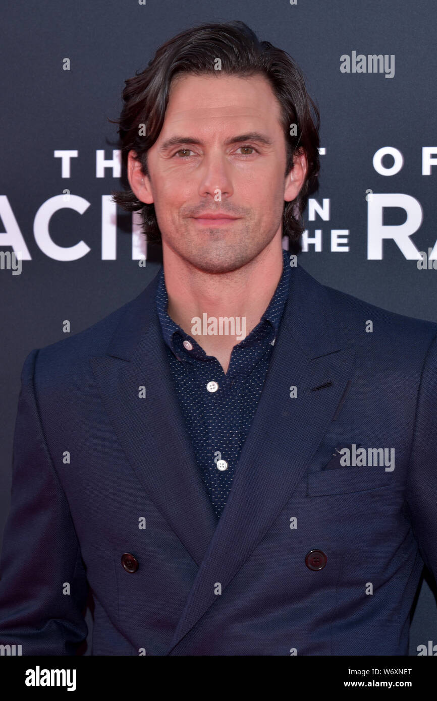 HOLLYWOOD, CA - AUGUST 01: Milo Ventimiglia arrives for the Premiere Of 20th Century Fox's "The Art Of Racing In The Rain" held at El Capitan Theatre Stock Photo
