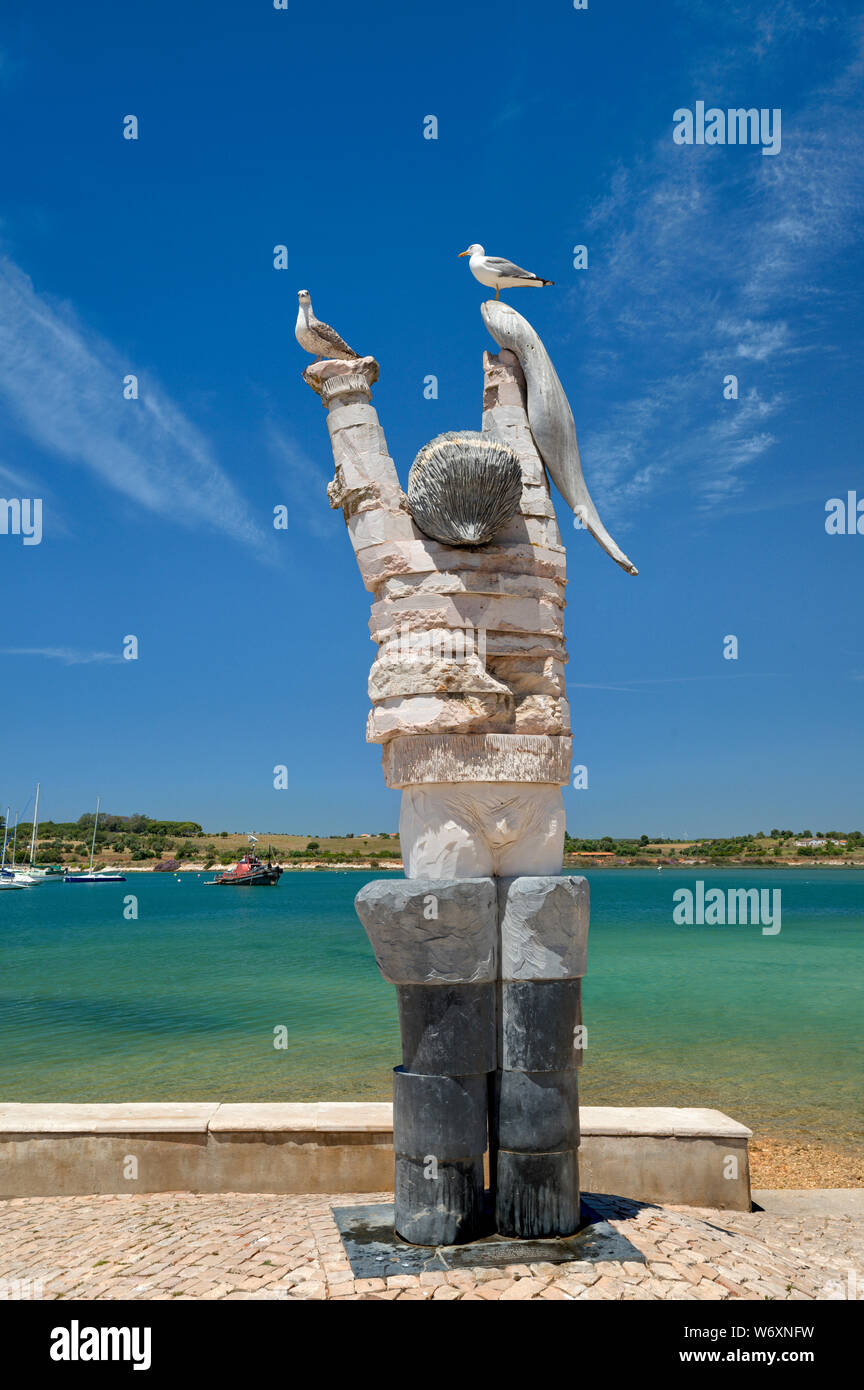 Sculpture of a fisherman at Alvor by Joao Cutileiro, The Algarve, Portugal (with seagulls perched on top) Stock Photo