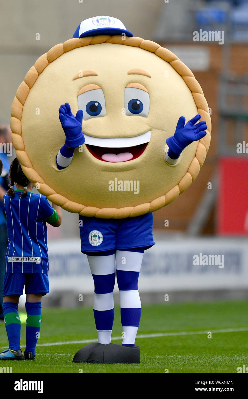 Wigan unveil their new mascot 'Crusty the Pie' prior to kick-off in the Sky  Bet Championship match at the DW Stadium, Wigan Stock Photo - Alamy