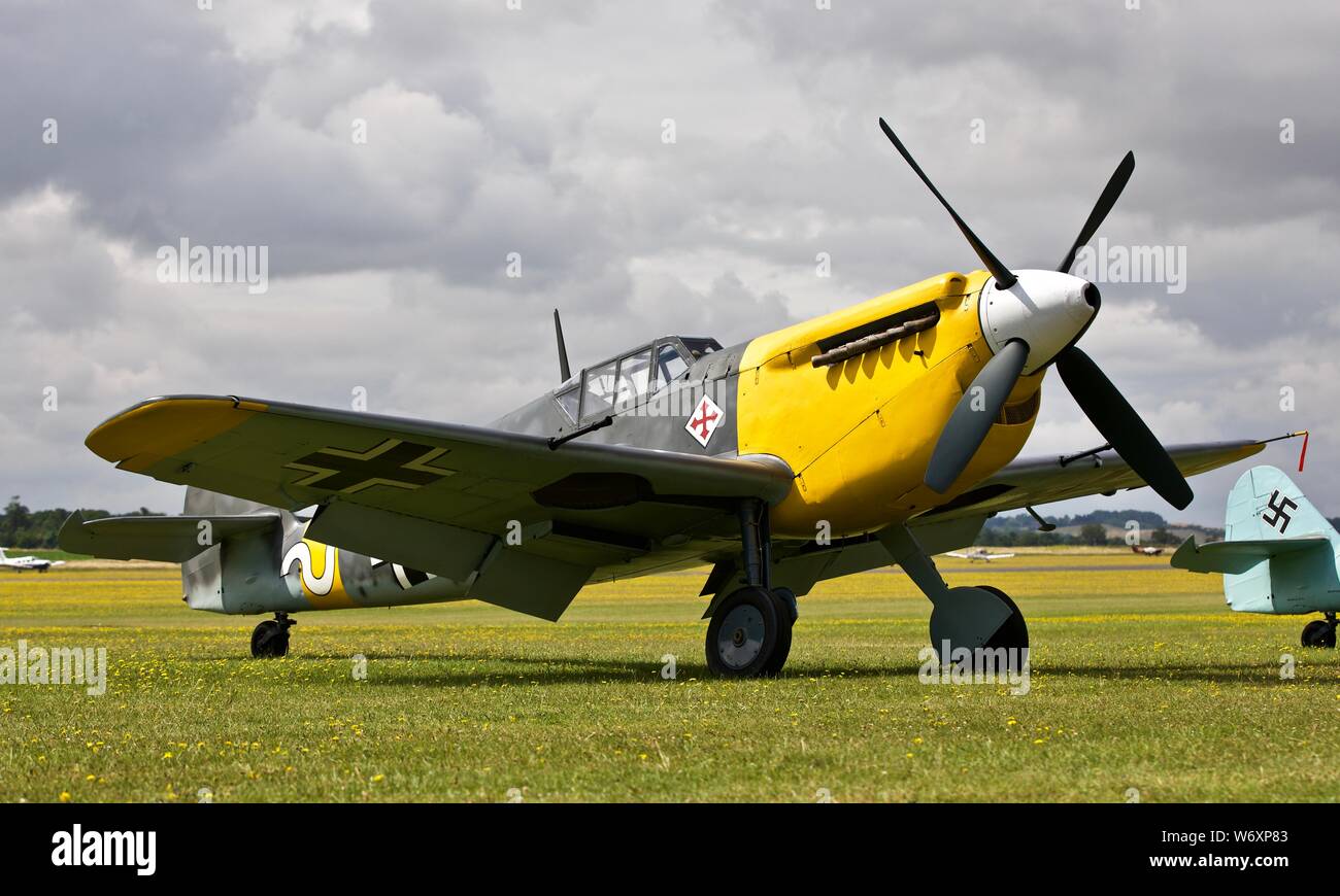 Hispano Aviación HA-1112 ‘White 9’ on the flightline at the Flying Legends airshow on the 14th July 2019 Stock Photo