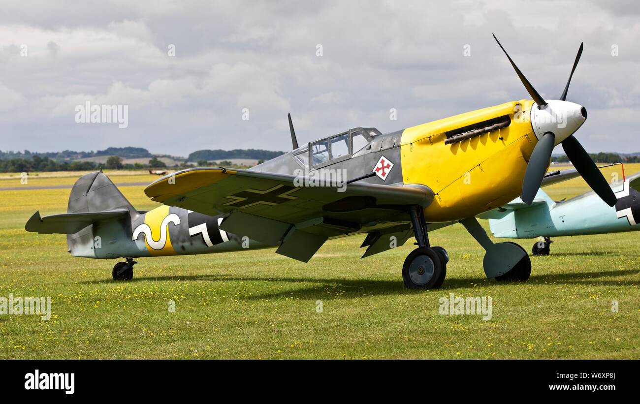 Hispano Aviación HA-1112 ‘White 9’ on the flightline at the Flying Legends airshow on the 14th July 2019 Stock Photo