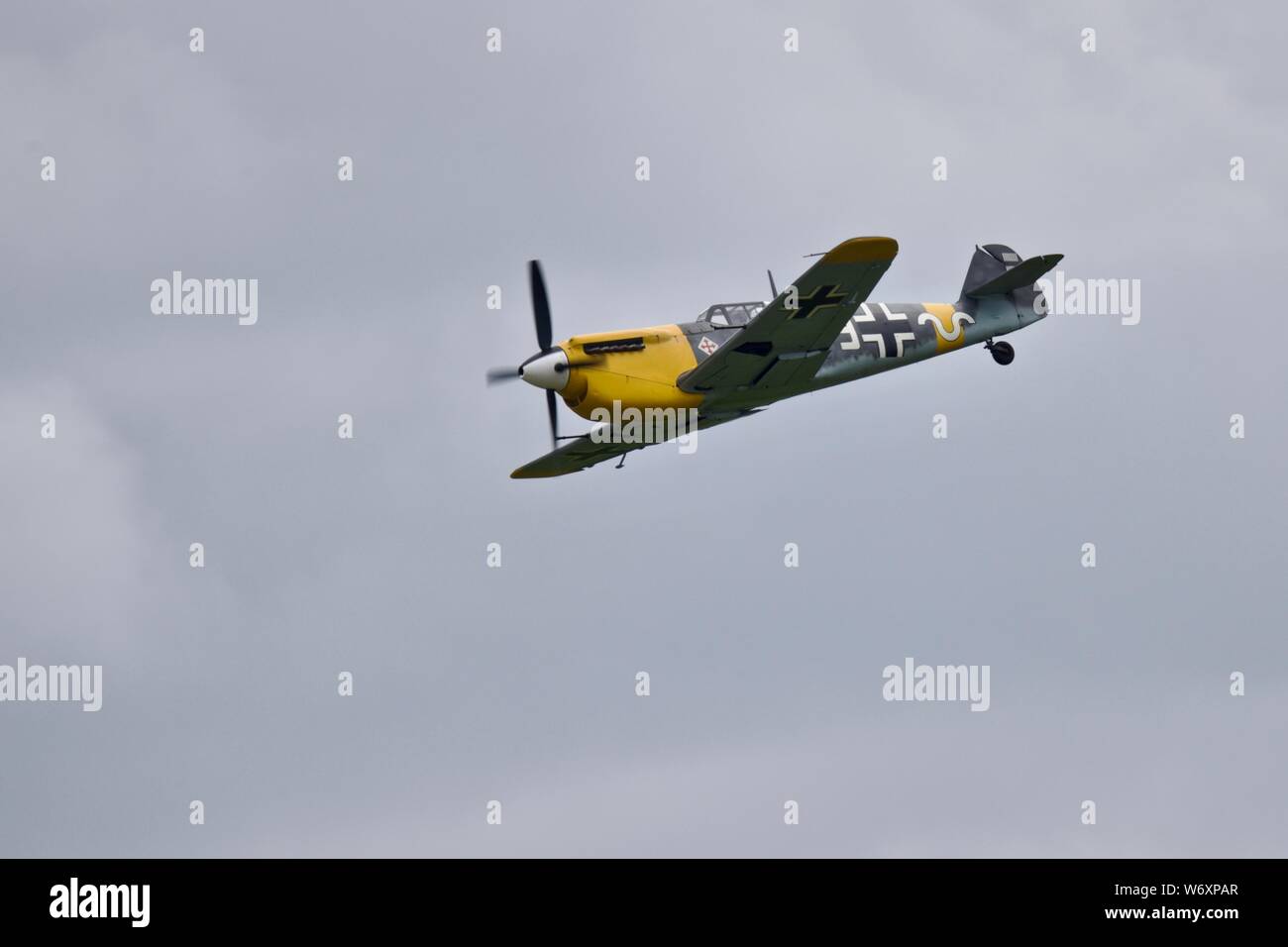 Hispano Aviación HA-1112 ‘White 9’ airborne at the 2019 Flying Legends Stock Photo