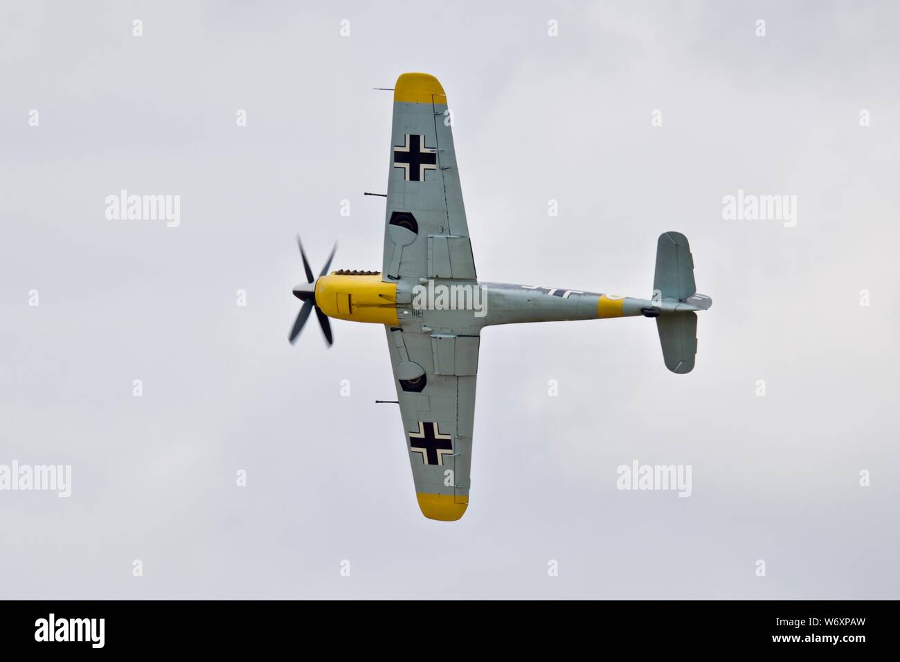 Hispano Aviación HA-1112 ‘White 9’ airborne at the 2019 Flying Legends Stock Photo