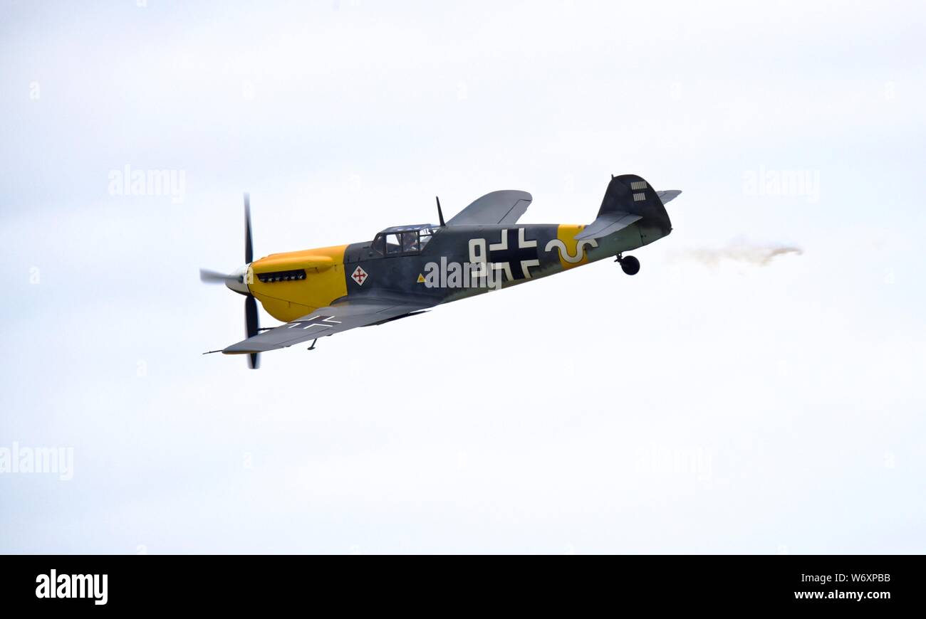 Hispano Aviación HA-1112 ‘White 9’ airborne at the 2019 Flying Legends Stock Photo