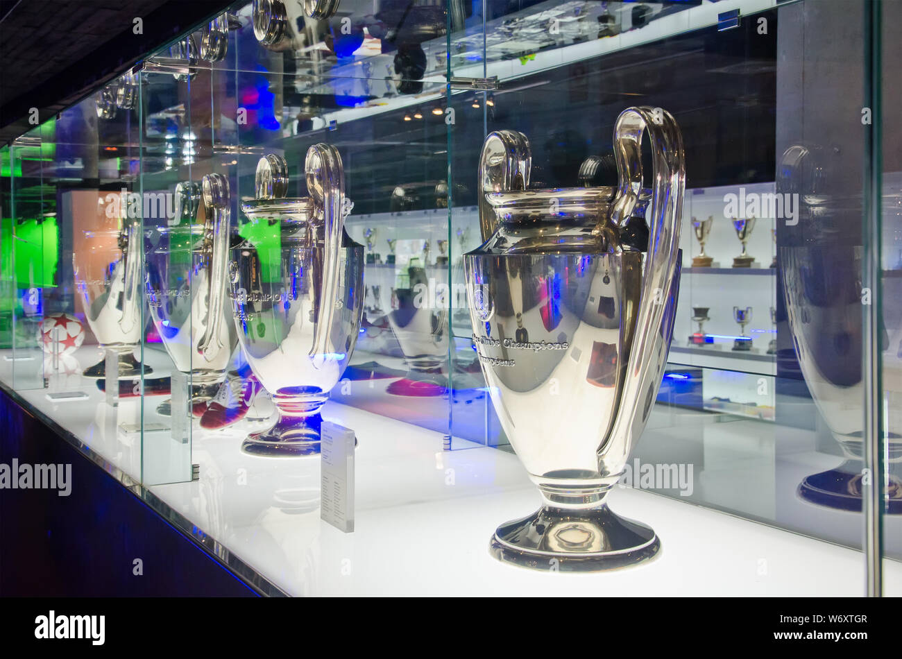 Collection of Champions League Cups in the Museum of FC Barcelona. Barcelona, June 2014 Stock Photo