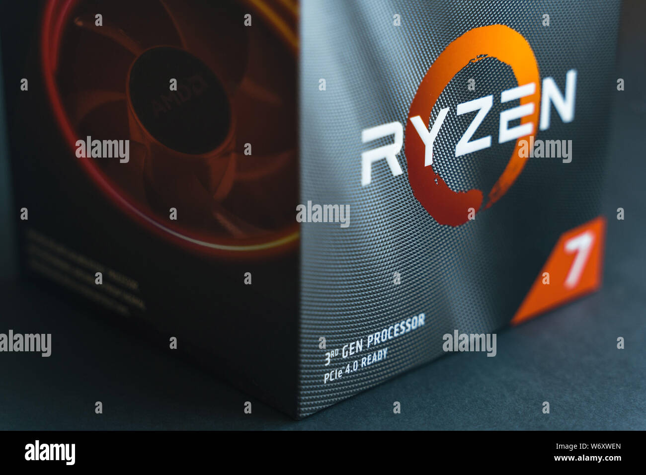 Valencia, Spain - August 3, 2019: AMD Ryzen 3700x processor box. New ...