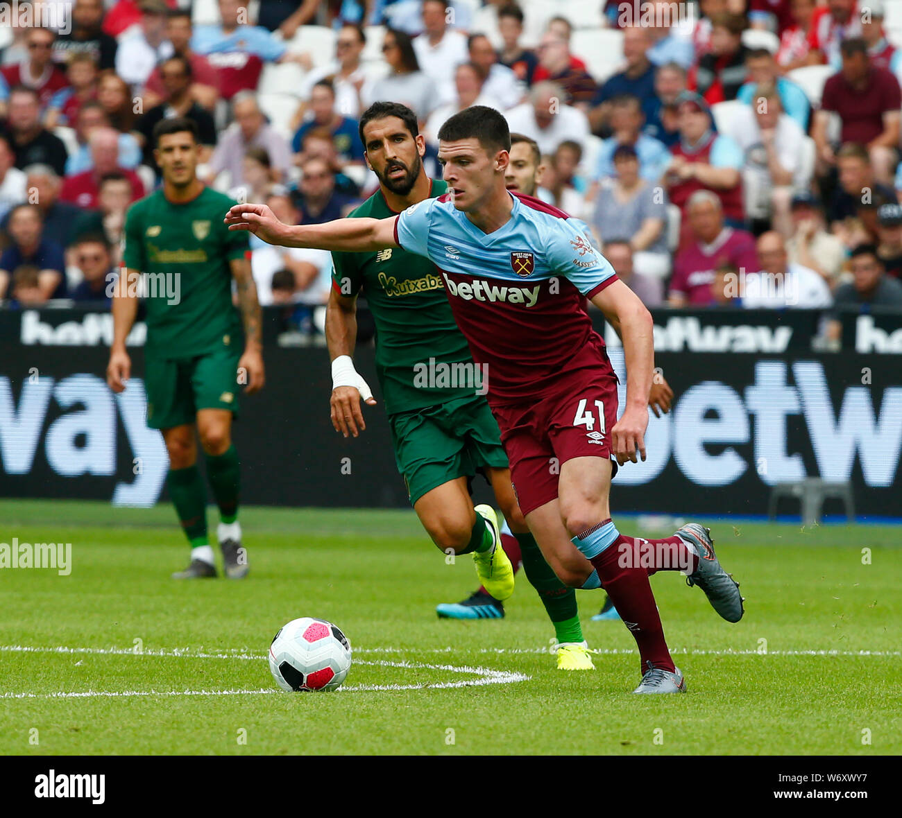 London, UK. 03rd Aug, 2019. London, United Kingdom, AUGUST 03 West Ham United's Declan Rice during Betway Cup Final between West Ham United and Athletic Club Bilbao at London stadium, London, England on 03 August 2019. Credit: Action Foto Sport/Alamy Live News Stock Photo