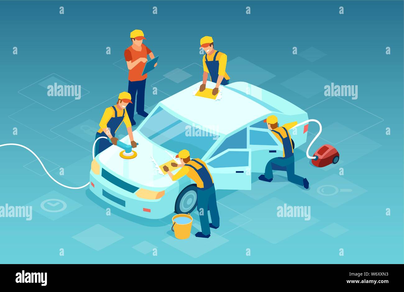 Vector of a team workers carries out a complex car wash and cleaning Stock Vector