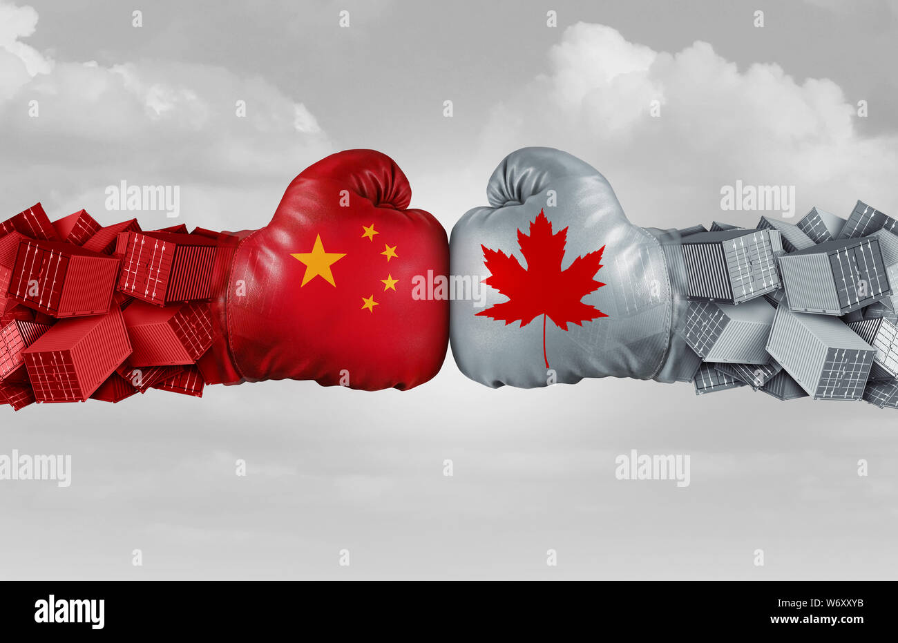 China Canada or Canadian trade and Chinese tariffs conflict with two opposing trading partners as an economic import and exports dispute concept with Stock Photo