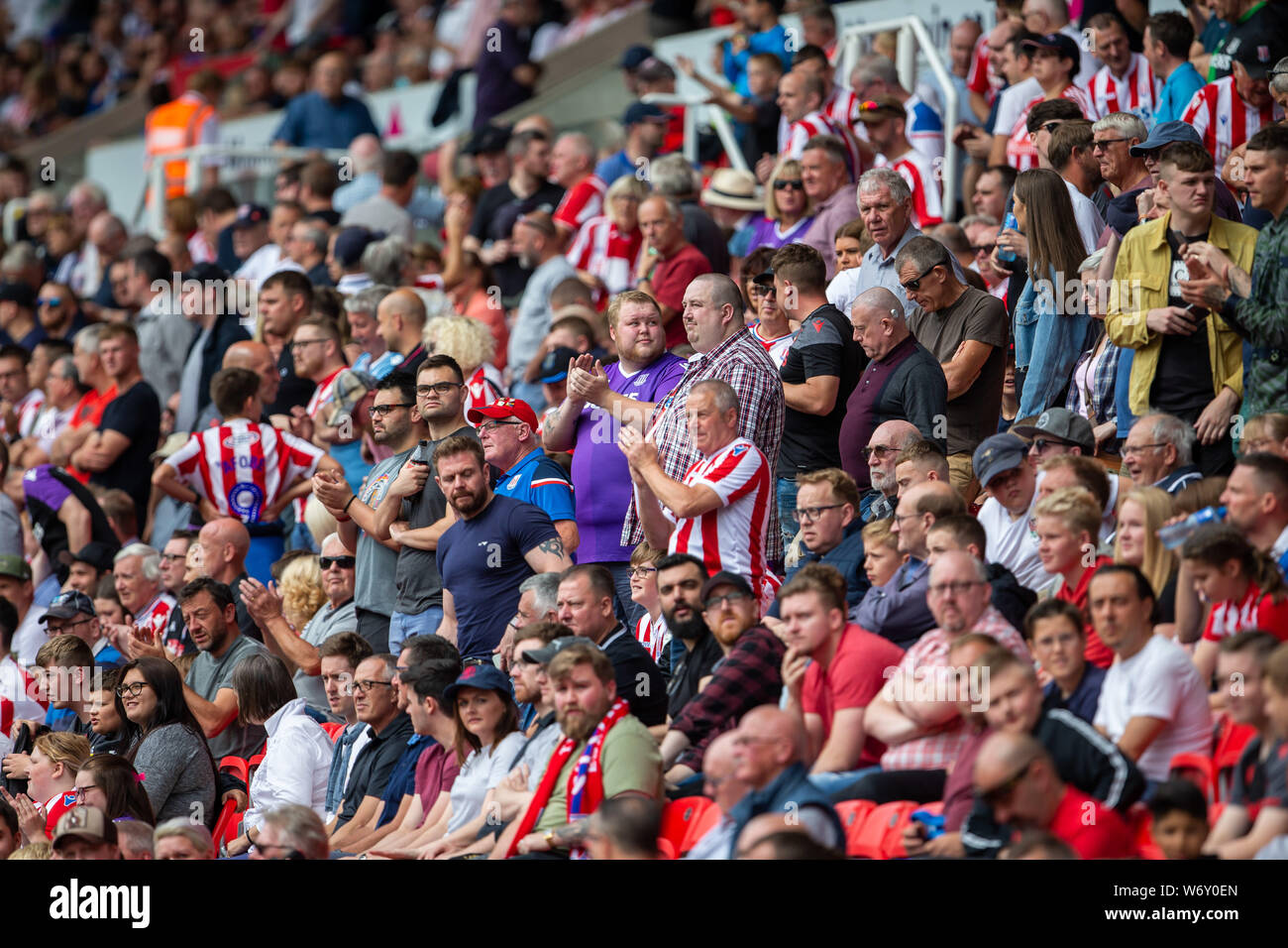 3rd Aug 2019, Bet365 Stadium, Stoke, North Staffordshire, England; EFL Champsionship Football; Stoke City versus Queens Park Rangers; Stoke fans ready for a new season :Strictly Editorial Use Only. No use with unauthorized audio, video, data, fixture lists, club/league logos or 'live' services. Online in-match use limited to 120 images, no video emulation. No use in betting, games or single club/league/player publications Stock Photo
