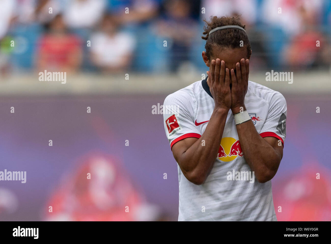 Leipzig, Germany. 03rd Aug, 2019. Soccer: Test match, RB Leipzig - Aston  Villa, in the Red Bull Arena in Leipzig. Yussuf Poulsen from Leipzig holds  his hands in front of his face