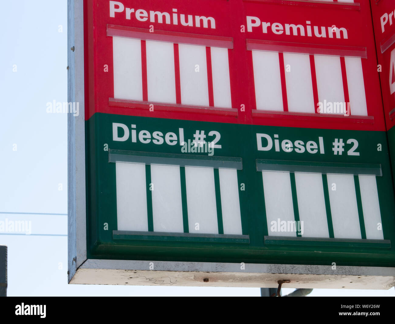 Gas station pricing sign for diesel and premium showing blank values