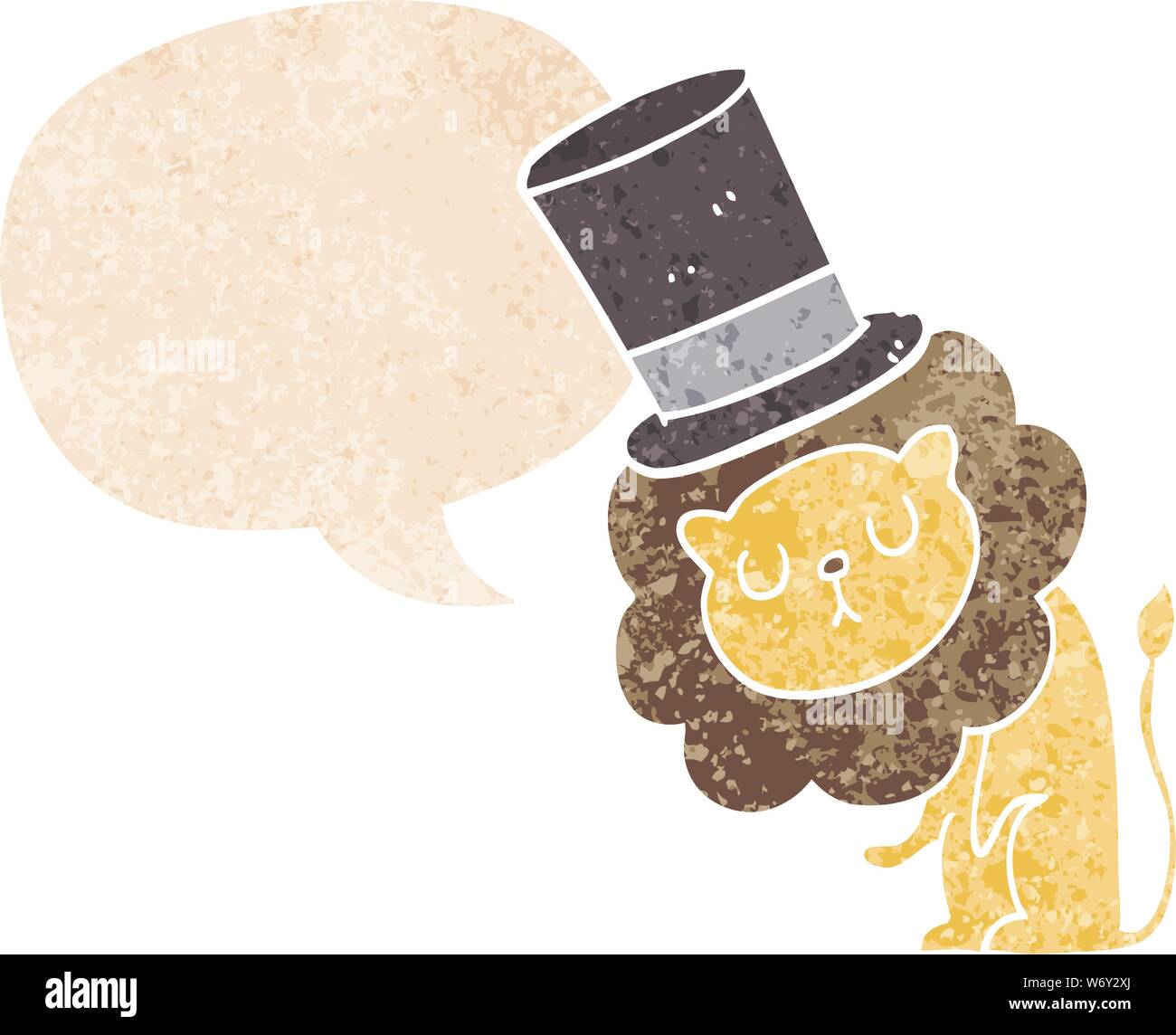 cute cartoon lion wearing top hat with speech bubble in grunge ...