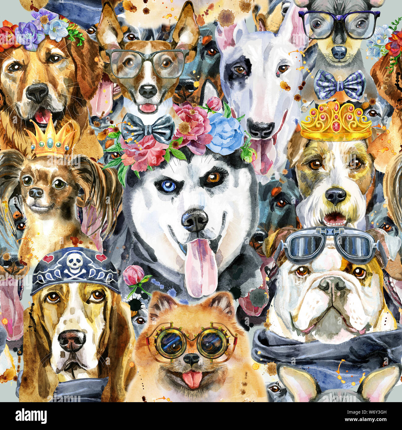 Watercolor seamless pattern of dog. Pet, puppy background. Animal