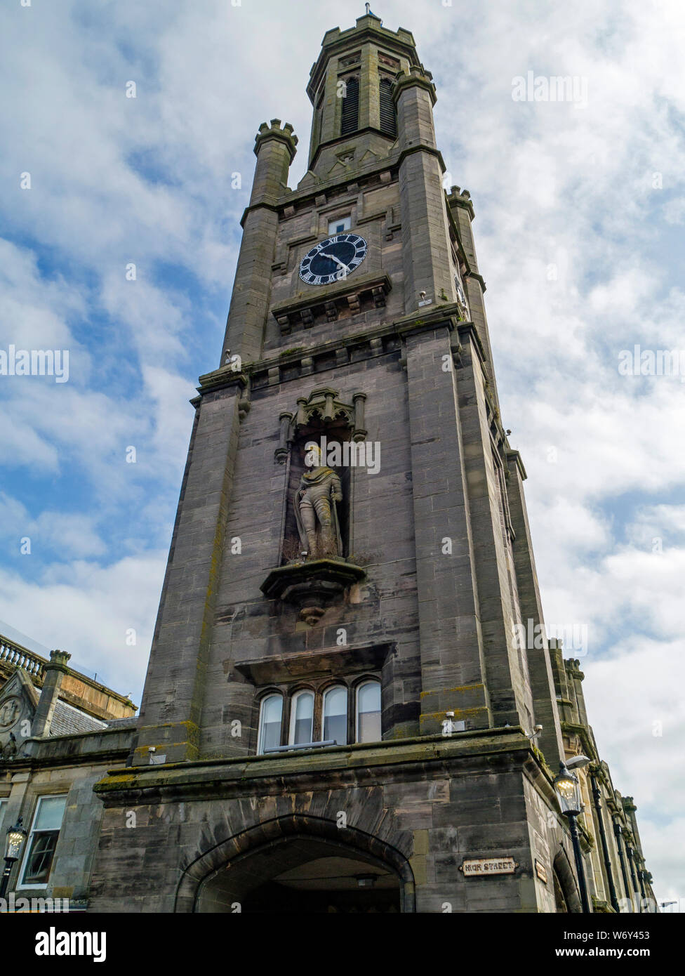 statue of William Wallace on the Wallace Tower, High Street, Ayr,South Ayrshire,Scotland,UK Stock Photo