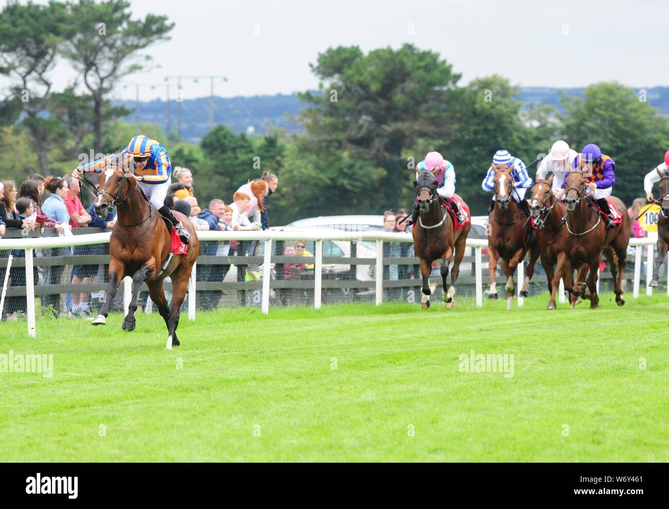 Lancaster House ridden by Donnacha O'Brien win the Galway Shopping Centre Maiden during day six of the 2019 Summer Festival at Galway Racecourse. Stock Photo