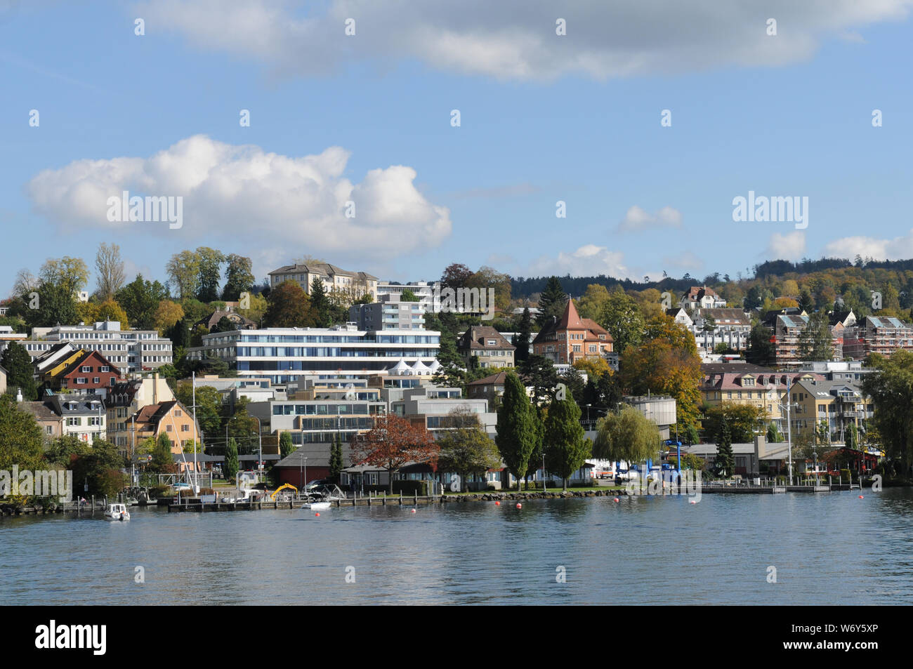 Switzerland: The sea police in Zürich Seefeld and the Epilepsy Clinic ion top of the hill Stock Photo