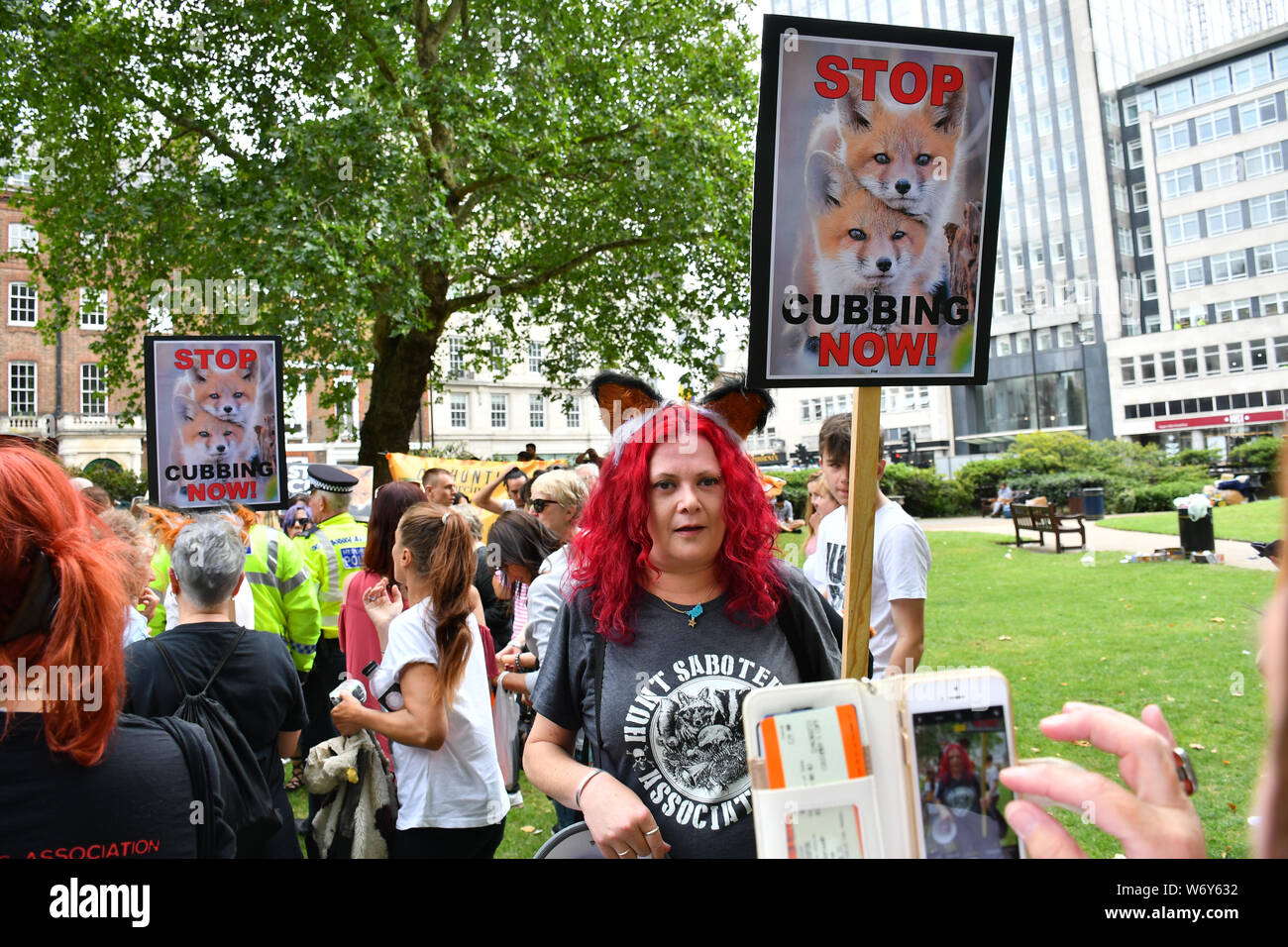 3 August 2019, London, UK. Hundreds march to Stop The Cubbing March is extremist cruel using dogs to savages the fox and raping the foxs apart in fact Fox Hunting been ban since 2005 but the hunting havent stop since the ban. UK law breaking UK law assembly at Cavendish Square on 3 August 2019, London, UK. Credit: Picture Capital/Alamy Live News Stock Photo
