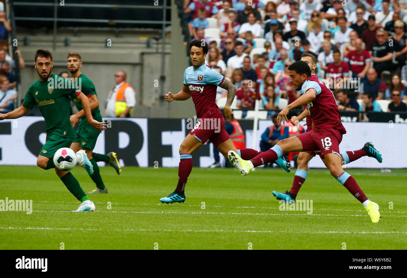 London, UK. 03rd Aug, 2019. London, United Kingdom, AUGUST 03 West Ham United's Pablo Fornals during Betway Cup Final between West Ham United and Athletic Club Bilbao at London stadium, London, England on 03 August 2019. Credit: Action Foto Sport/Alamy Live News Stock Photo