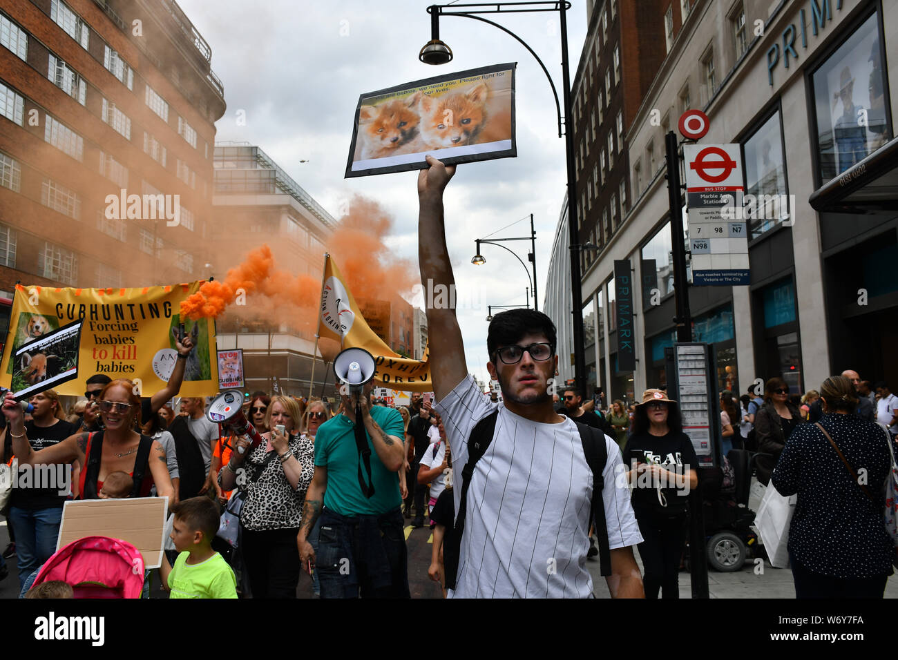 3 August 2019, London, UK. Hundreds march to Stop The Cubbing March is extremist cruel using dogs to savages the fox and raping the foxs apart in fact Fox Hunting been ban since 2005 but the hunting havent stop since the ban. UK law breaking UK law assembly at Cavendish Square on 3 August 2019, London, UK. Credit: Picture Capital/Alamy Live News Stock Photo