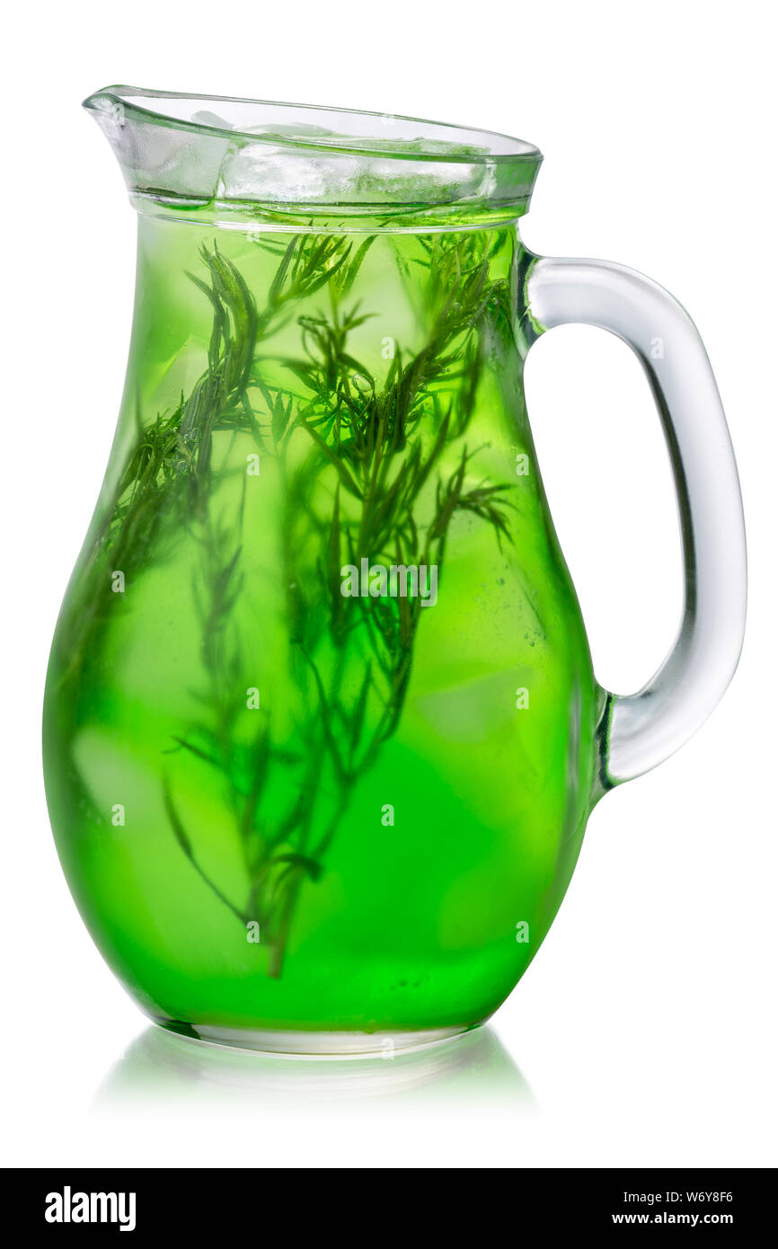Glass pitcher of iced tarragon drink (tarkhun), isolated Stock Photo